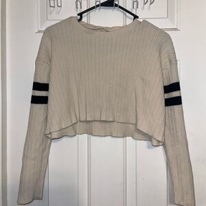 Cream Ribbed Cropped Sweater with Black Stripes 100% cotton Italian made